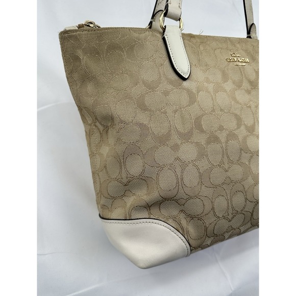 COACH Tote Purse F29958 Signature Canvas Leather Beige White Zipper Shoulder - Picture 2 of 16